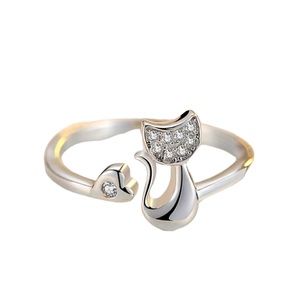 Silver Cat Open Cuff Ring with Rhinestone Accents